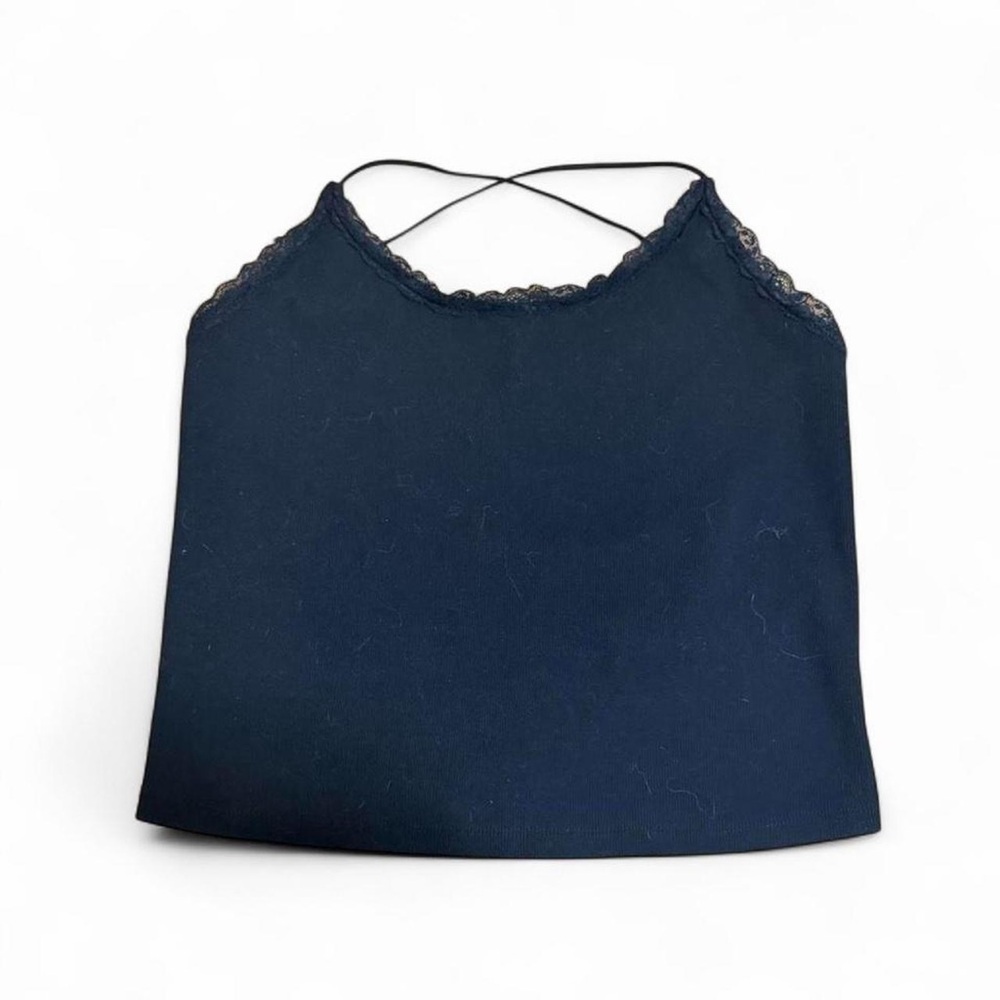 american eagle black ribbed cami with strappy detailing + lace trim